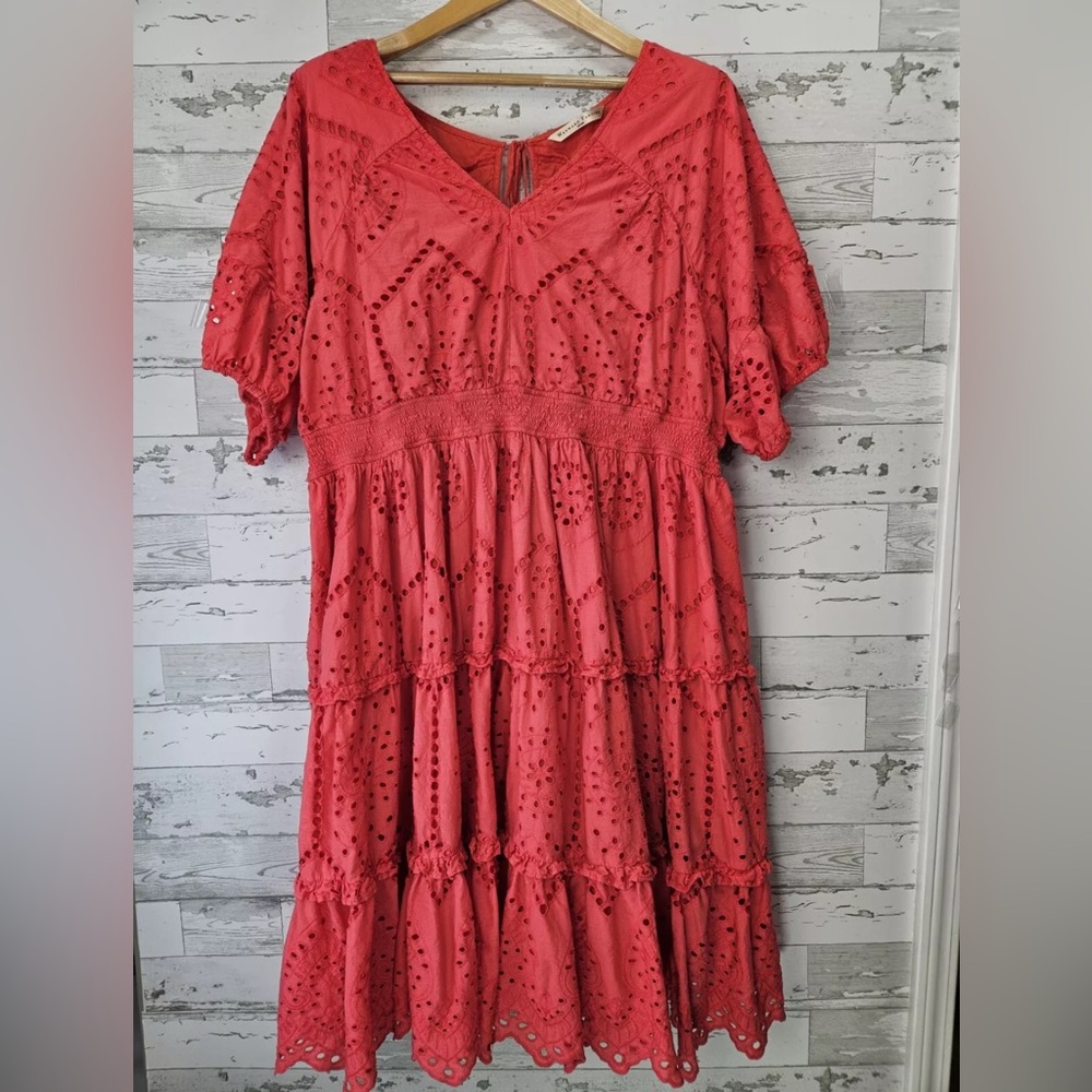 eshakti Coral Eyelet Tiered Midi Dress